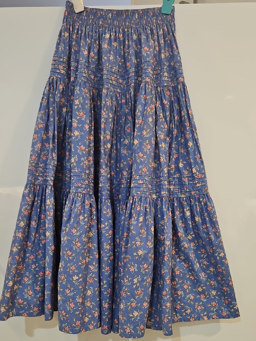 Laura Ashley Blue Floral Tiered Maxi Skirt with Pink Accents